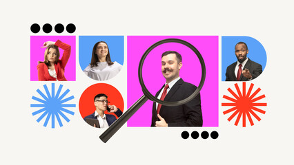 Modern HR collage with magnifying glass highlighting business candidate among diverse...