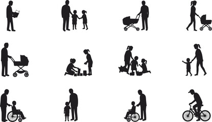 Naklejka premium Parent and child silhouettes, family with stroller, father and mother with kids, playing together, walking, cycling, wheelchair support, childhood care, parenting love