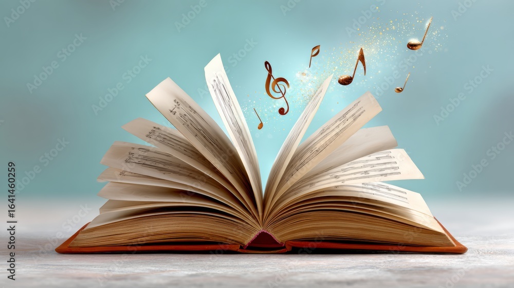 Poster book is open to a page with musical notes on it. the notes are scattered throughout the page, with s