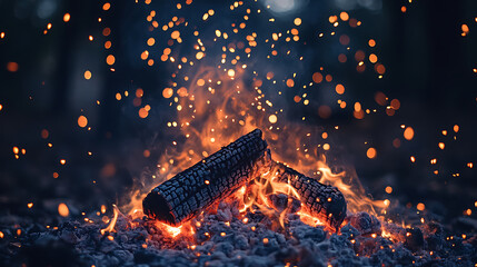 Campfire sparks rising into night sky, warm orange glow, black background, slow