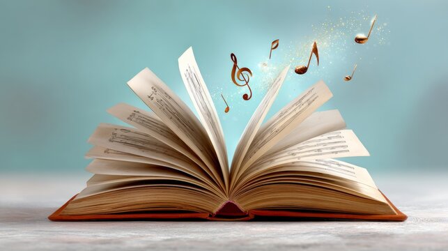 Book is open to a page with musical notes on it. The notes are scattered throughout the page, with some appearing to be floating in the air