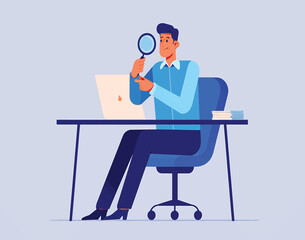 Businessman at office desk examining laptop screen with a magnifying glass. Concept of data analysis, research, and audit vector illustration.