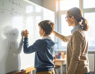 Teacher Observing Student Writing on Whiteboard
