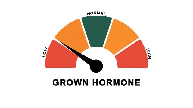 Animated growth hormone level meter decreasing from normal to low level for low growth hormone, hormone imbalance, and health awareness