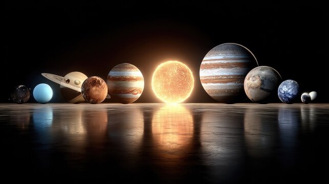 Solar system planets displayed in size comparison.