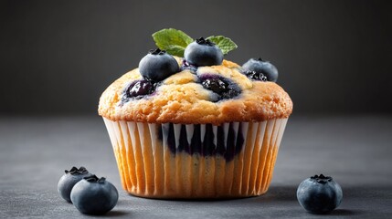 Delicious blueberry muffin decorated with fresh blueberries and mint
