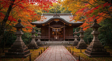 Traditional Japanese Shinto shrine in an autumn garden with a red torii gate and stone lanterns.
