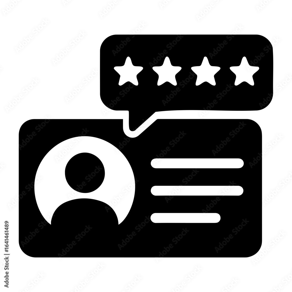 Poster silhouette vector black icon showing a profile card with person icon and star rating bubble above