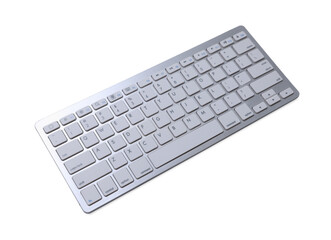 Modern wireless computer keyboard isolated on white, above view
