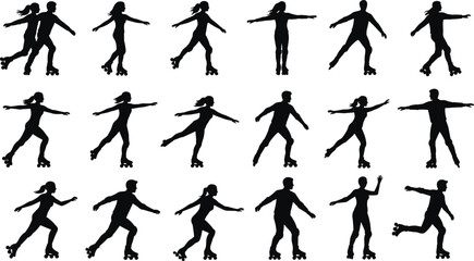 roller skating silhouettes, inline skating poses, couple skating vector, fitness activity illustration, sports lifestyle design, active people artwork, silhouette roller skaters, black vector icons