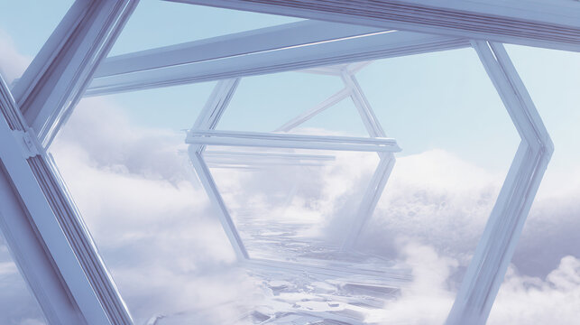 Abstract 3D Space Scene with Light Blue and Hexagonal Geometric Frame, Conveying Futuristic Sci-Tech Feel