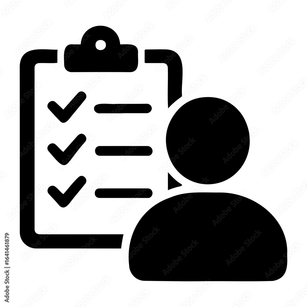 Poster silhouette vector person standing next to a clipboard with checkmarks and lines in black color