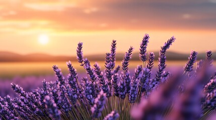Naklejka premium Lavender field bathing in golden sunset light