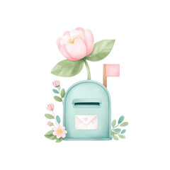 watercolor pastel mailbox illustration with flowers and green leaves for garden, home decor and spring themed designs
