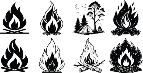 Camping Campfire Vector Icons and Outdoor Adventure Set. Black and White Campfire Illustrations for Wilderness Designs.