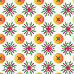 Vibrant and Colorful Floral Seamless Pattern. Cheerful Summer Flowers with Circles. Abstract Modern Design.