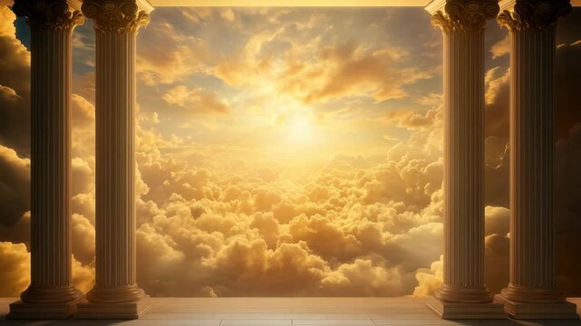 View of heaven from Olympus with golden clouds at sunrise. Divinity, hope, eternity. Epic, spiritual, majestic background. Ideal for memorials, religion, motivation, fantasy concepts.