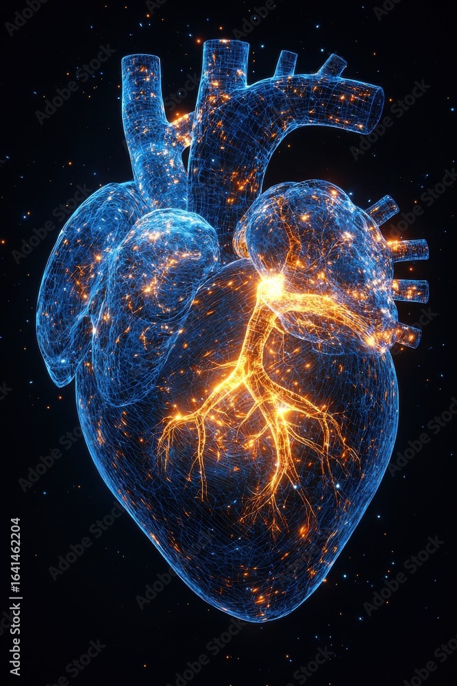 Poster digital rendering of a glowing human heart in an x-ray style visualization