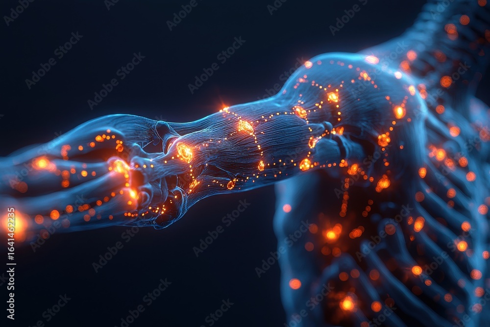 Poster digital representation of a human skeleton in a moving posture with glowing nodes