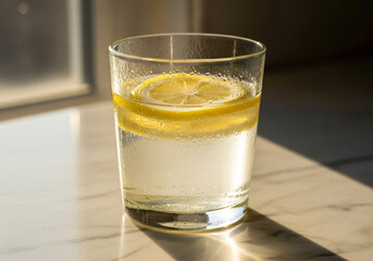 A close-up of a glass of cold sparkling water with two slices of fresh lemon, creating a refreshing and healthy drink. Ideal for showcasing healthy beverages and hydration.