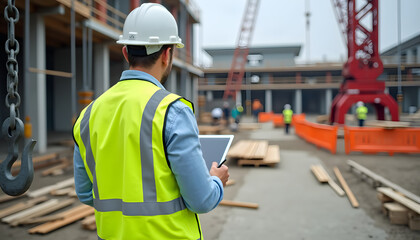 Construction worker in a hard hat and safety vest examines a building site