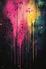 Vibrant abstract painting with pink, green, and yellow color splashes on black