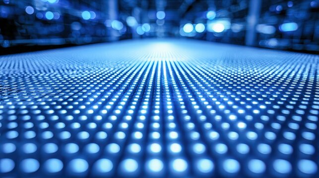 Blue LED Grid Pattern: Modern Technology and Innovation Background with Depth of Field and Bokeh