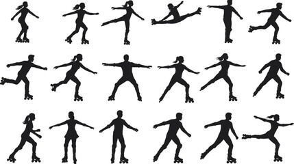 roller skating silhouettes, inline skating poses, sports activity illustration, active lifestyle vector, fitness exercise design, black silhouette icons, skating people art, motion sport graphics