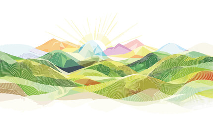 Obraz premium Abstract Stylized Mountain Range with Wavy Green Hills and Sunrise landscape nature.
