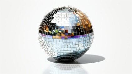 Obraz premium A shiny disco ball reflecting colorful lights, casting a shadow on a white surface.