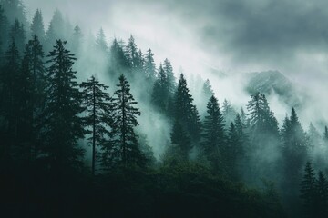 Misty mountain forest scene. Dark silhouettes of coniferous trees rise against a backdrop of dense fog and low, overcast skies