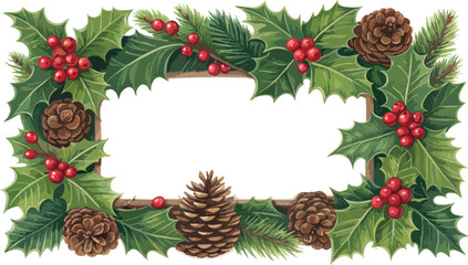 Realistic Holly and Pinecone Holiday Frame Design.
