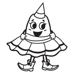 Playful candy corn character lifting costume skirt in halloween celebration