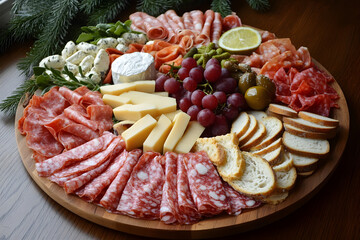 Gourmet Charcuterie Board with Assorted Cheeses, Salami, Grapes and Sliced Bread