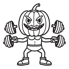 Funny cartoon pumpkin character enthusiastically lifting heavy dumbbells at the gym