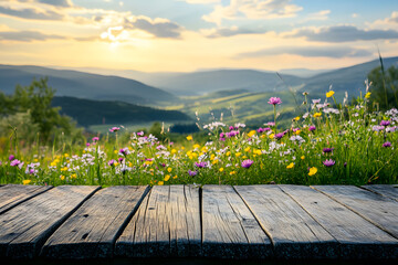 Idyllic Wildflower Meadow Landscape with Wooden Plank and Sunlit Hills