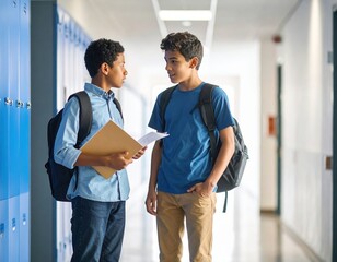 Student Helping New Classmate in School Hallway
