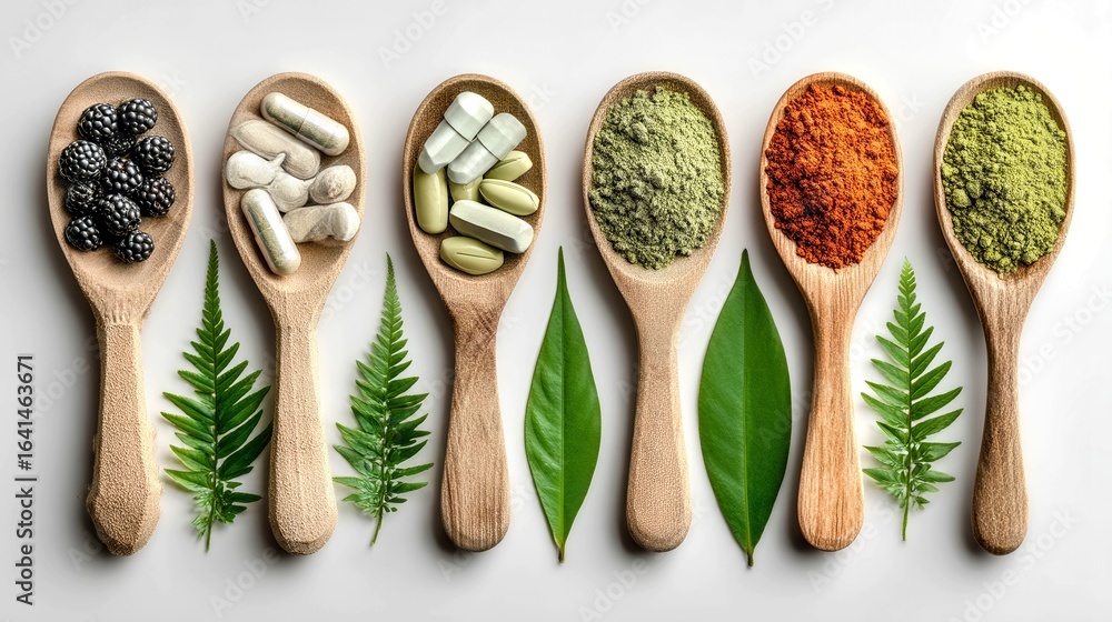 Poster a spoonful of herbs and vitamins are arranged in a row. the spoonfuls are of different sizes and col