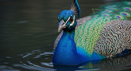  Close-up of a majestic adult peacock’s head and upper body emerging from dark murky water, vibrant iridescent blue and green feathers with gold highlights, sharp beak, and dramatic lighting emphasizi