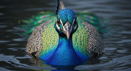  Close-up of a majestic adult peacock’s head and upper body emerging from dark murky water, vibrant iridescent blue and green feathers with gold highlights, sharp beak, and dramatic lighting emphasizi