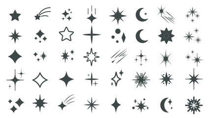 Different star shapes set of isolated elements. Collection of black silhouettes of sparkles, falling stars, crescent moons, glistering symbols, astronomy forms, shine radiance. Vector illustration.