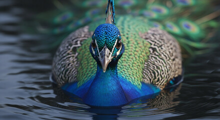  Close-up of a majestic adult peacock’s head and upper body emerging from dark murky water, vibrant iridescent blue and green feathers with gold highlights, sharp beak, and dramatic lighting emphasizi