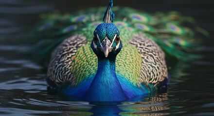  Close-up of a majestic adult peacock’s head and upper body emerging from dark murky water, vibrant iridescent blue and green feathers with gold highlights, sharp beak, and dramatic lighting emphasizi