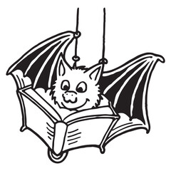 Whimsical bat reading a spooky storybook illustration for halloween themed designs