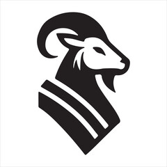 Stylized black silhouette of a goat head with curved horns and beard
