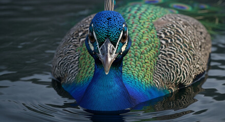  Close-up of a majestic adult peacock’s head and upper body emerging from dark murky water, vibrant iridescent blue and green feathers with gold highlights, sharp beak, and dramatic lighting emphasizi