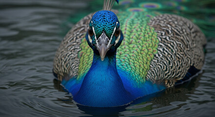  Close-up of a majestic adult peacock’s head and upper body emerging from dark murky water, vibrant iridescent blue and green feathers with gold highlights, sharp beak, and dramatic lighting emphasizi