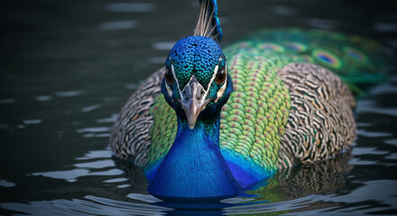  Close-up of a majestic adult peacock’s head and upper body emerging from dark murky water, vibrant iridescent blue and green feathers with gold highlights, sharp beak, and dramatic lighting emphasizi