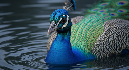  Close-up of a majestic adult peacock’s head and upper body emerging from dark murky water, vibrant iridescent blue and green feathers with gold highlights, sharp beak, and dramatic lighting emphasizi