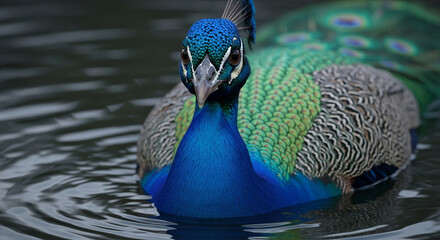 Close-up of a majestic adult peacock’s head and upper body emerging from dark murky water, vibrant iridescent blue and green feathers with gold highlights, sharp beak, and dramatic lighting emphasizi